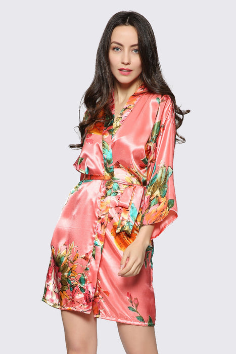 White Floral Satin Robe Short Sleepwear Gown