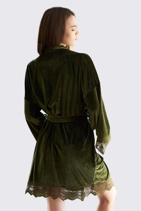 Velvet Short Lace Robe Olive Green Robe For Women