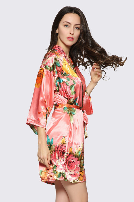 Pink Floral Satin Robe Short Sleepwear