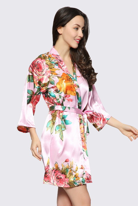 White Floral Satin Robe Short Sleepwear Gown