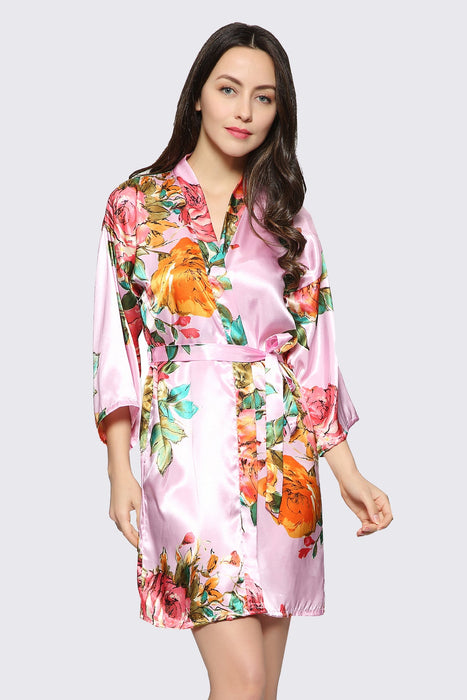 Blush Floral Satin Robe Short Sleepwear