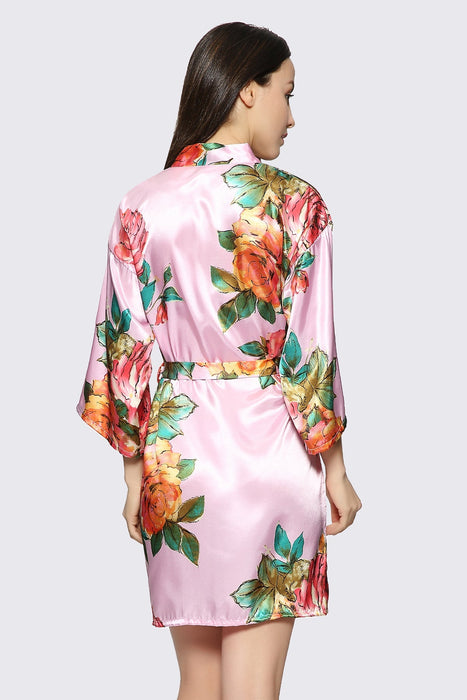 Pink Floral Satin Robe Short Sleepwear