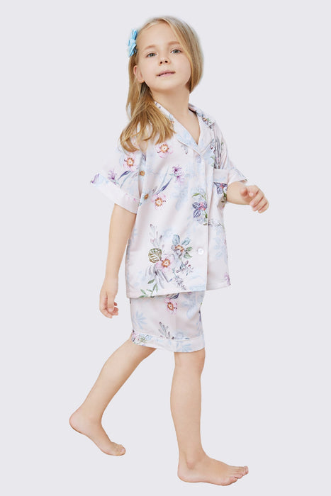 Kid Floral White Satin Pajama Set Short Length