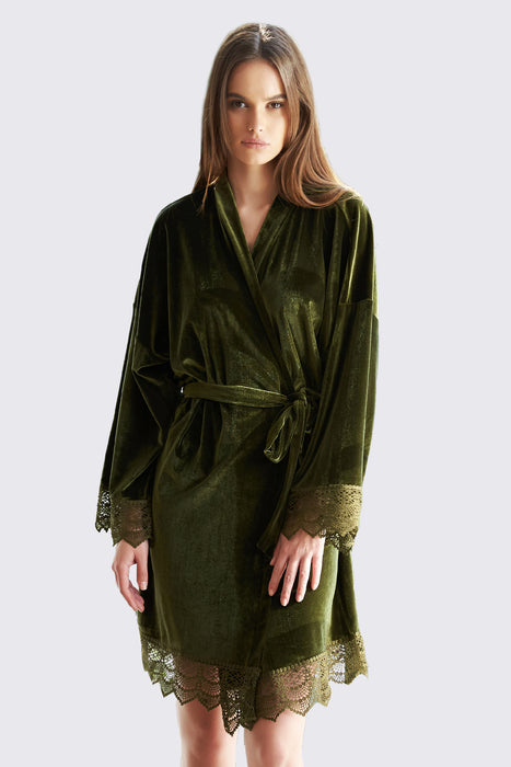 Velvet Short Lace Robe Olive Green Robe For Women