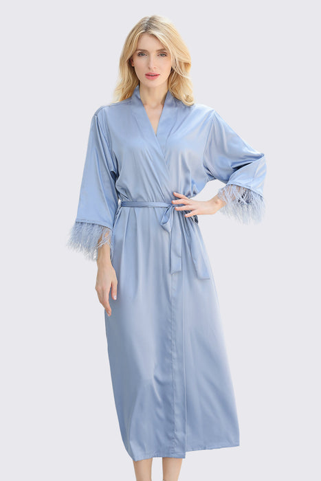 Long Feather Satin Robe For Bridesmaid in Light Blue