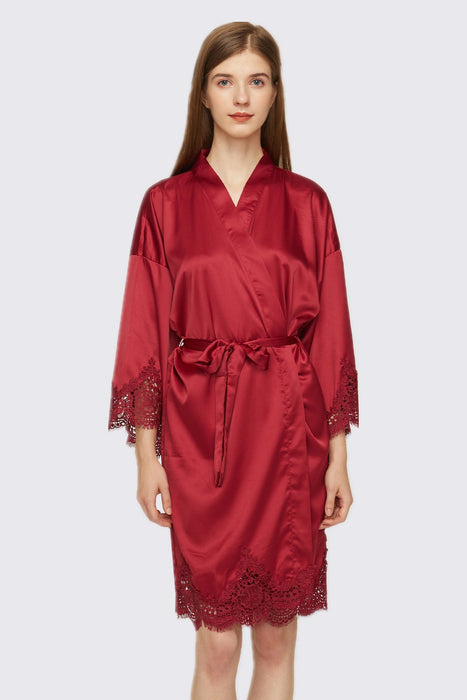 Burgundy Short Satin Lace Robe Bridesmaid Robe Women Sleepwear