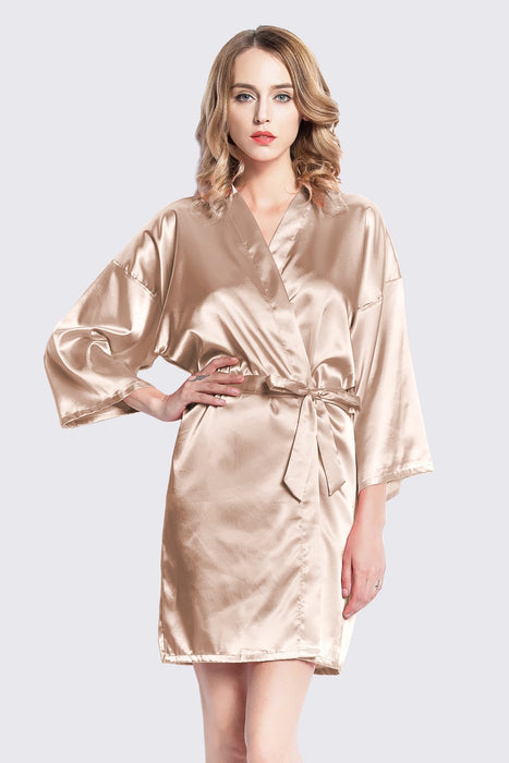 Black Kimono Satin Robe Short Length For Women