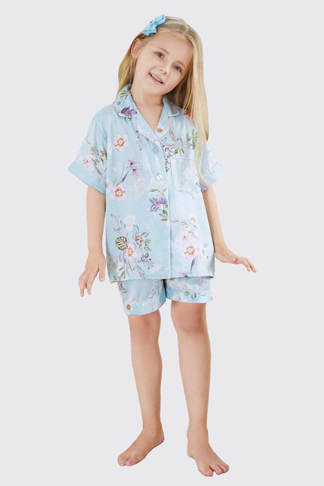 Kid Floral White Satin Pajama Set Short Length