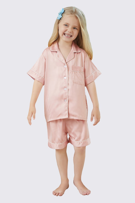 Light Pink Satin Pajama Set For Kid Short Length