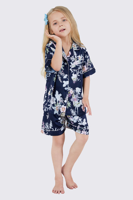 Kid Floral Navy Satin Pajama Set Short Length