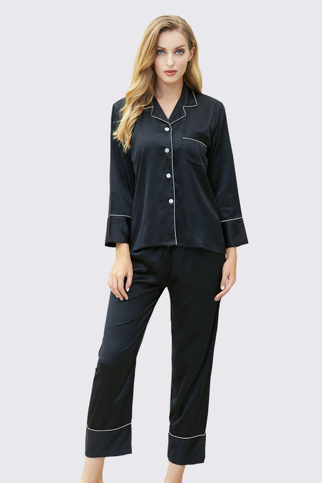 Black Long Sleeves Pajama Set With Long Pants Satin Pyjama