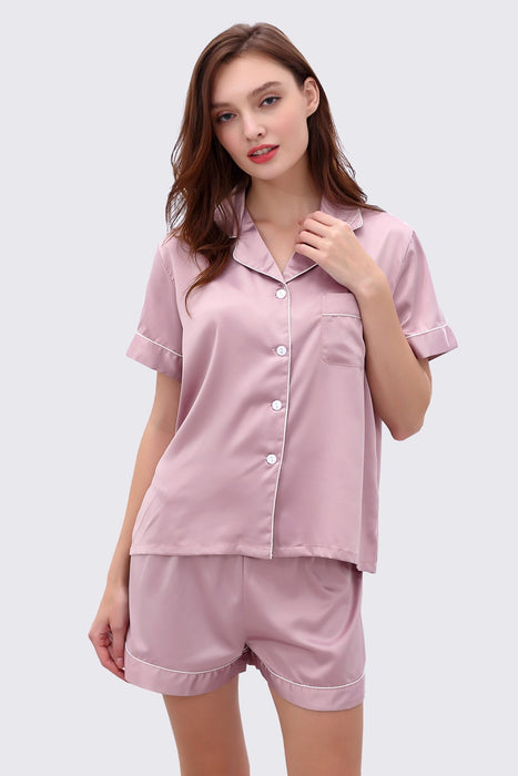 Rose Gold Women Short Satin Solid Pajama Set With Shorts