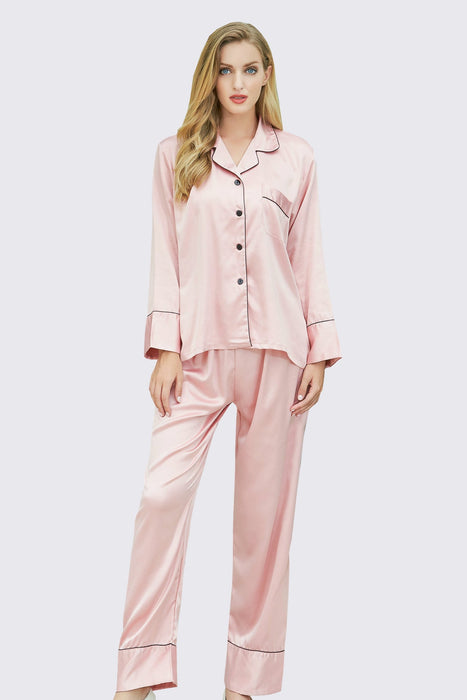 Champagne Long Sleeves Pajama Set With Long Pants Satin Pyjama