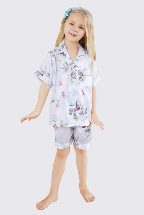 Kid Floral White Satin Pajama Set Short Length