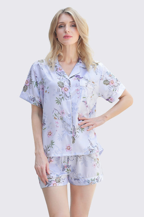 Light Blue Women Satin Floral Short Pyjama Set