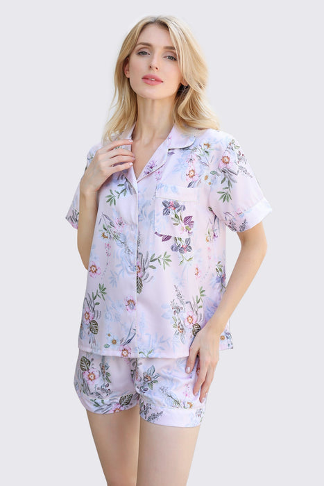 Light Blue Women Satin Floral Short Pyjama Set