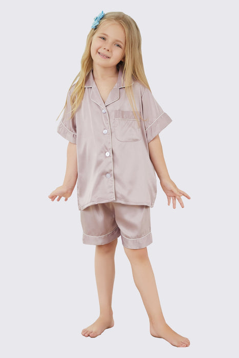 Light Pink Satin Pajama Set For Kid Short Length