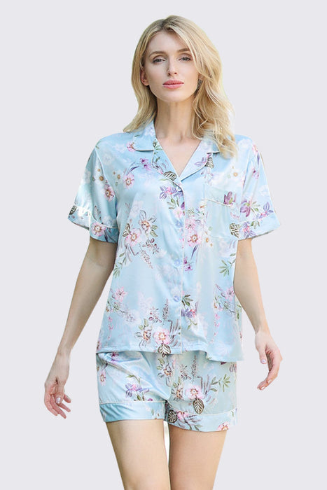 White  Women Satin Floral Short Pyjama Set