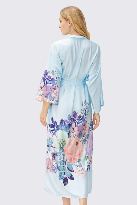 Long Printing Floral Robe Satin Robe For Women In Pink