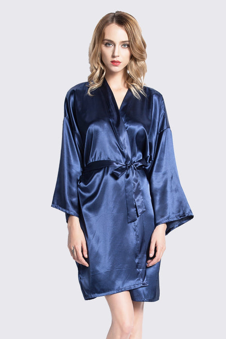 Black Kimono Satin Robe Short Length For Women