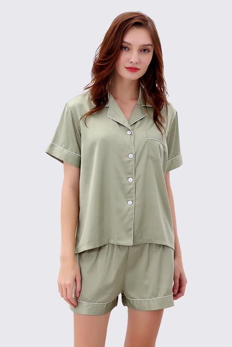 Sage green Women Short Satin Solid Pajama Set With Shorts