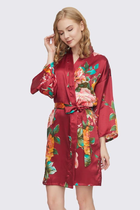 Pink Floral Satin Robe Short Sleepwear