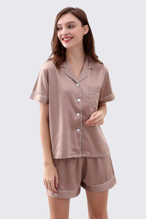 Dusty Rose Women Short Satin Solid Pajama Set With Shorts