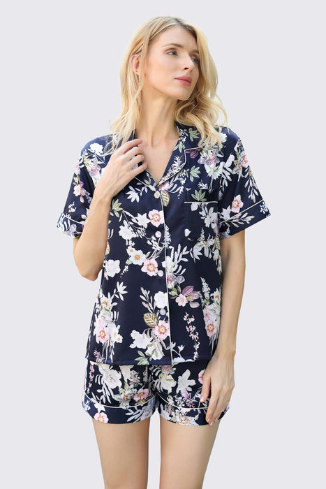 White  Women Satin Floral Short Pyjama Set