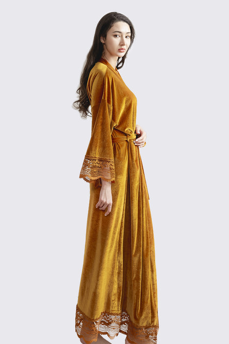 Velvet Lace Long Robe Yellow Bathrobe For Women