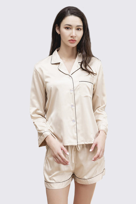 Satin Pajama Set Long Sleeves With Shorts For Women White Sleepwear