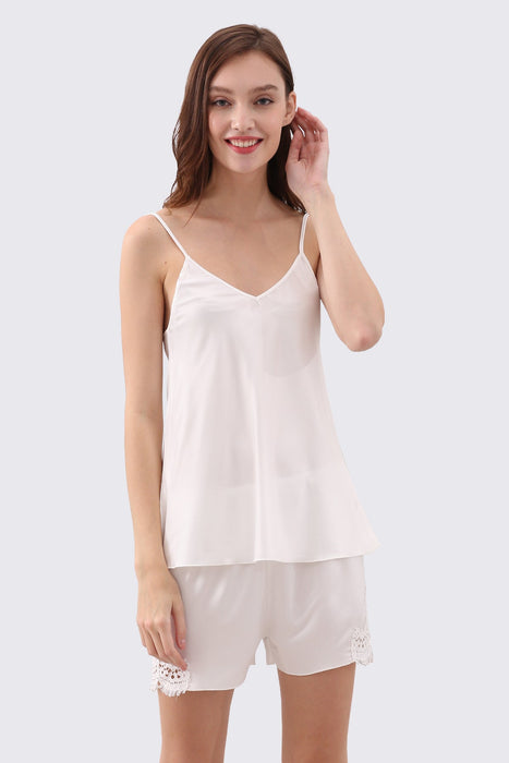 White Sleeveless Shorts Set Satin Sleepwear For Women