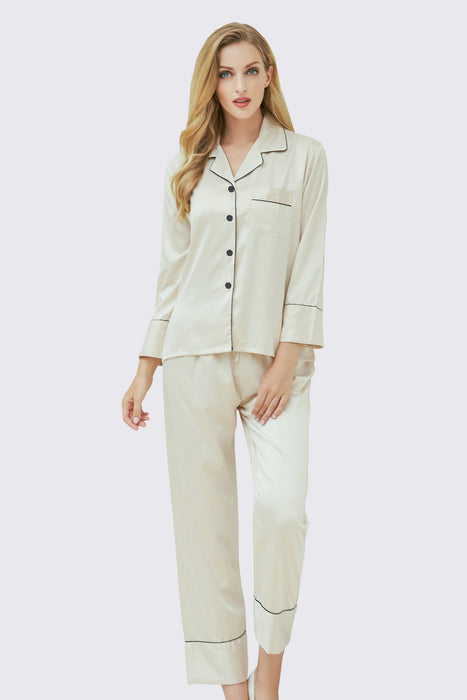 Champagne Long Sleeves Pajama Set With Long Pants Satin Pyjama