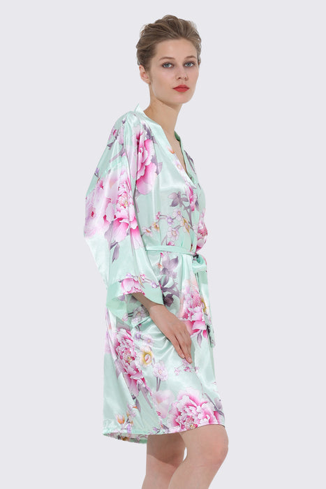 Women Floral Satin Robe Mint Knee Length Sleepwear