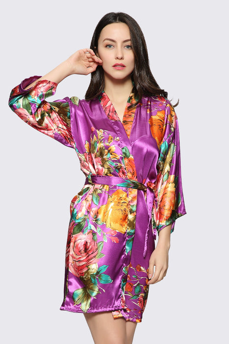 Blush Floral Satin Robe Short Sleepwear