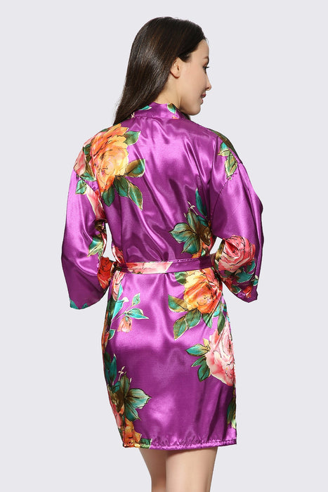 White Floral Satin Robe Short Sleepwear Gown