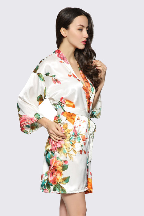 White Floral Satin Robe Short Sleepwear Gown