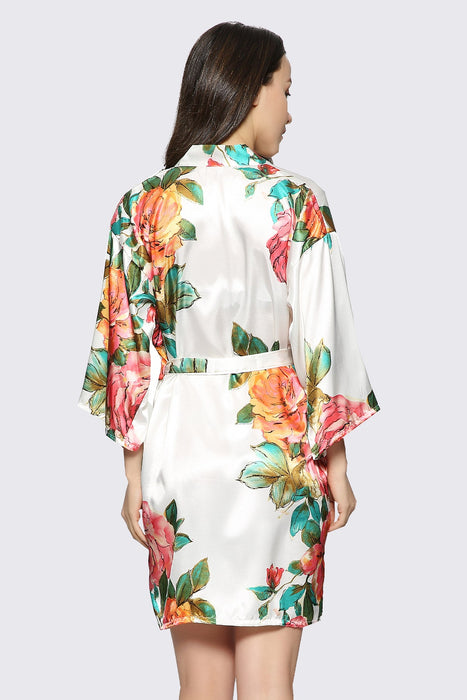 White Floral Satin Robe Short Sleepwear Gown