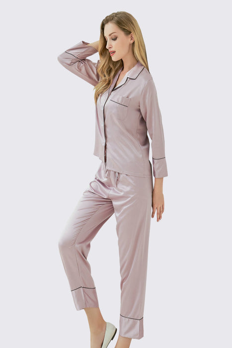 Champagne Long Sleeves Pajama Set With Long Pants Satin Pyjama