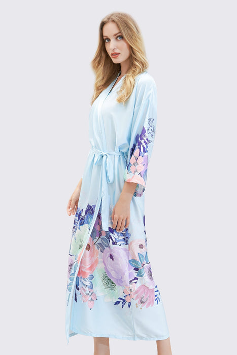 Navy Long Printing Floral Robe Satin Robe For Women