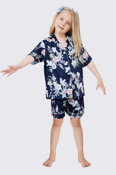 Kid Floral Navy Satin Pajama Set Short Length