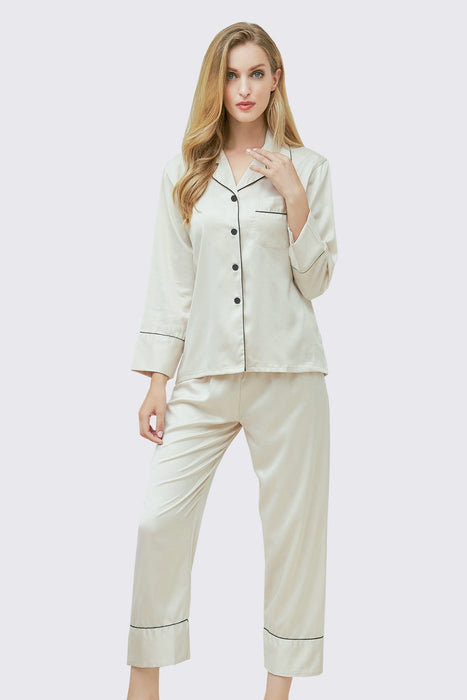 Black Long Sleeves Pajama Set With Long Pants Satin Pyjama