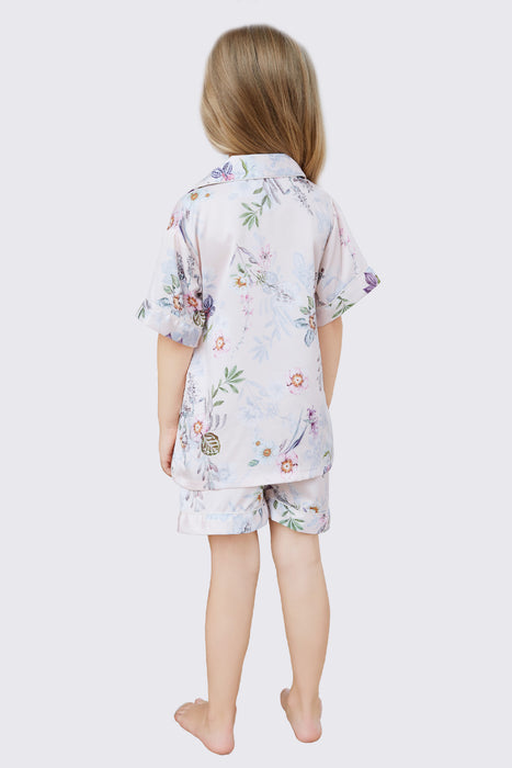 Kid Floral Navy Satin Pajama Set Short Length