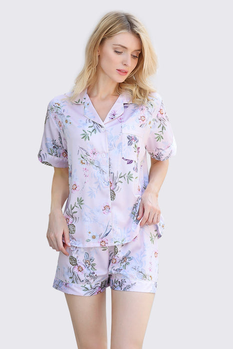 Light Blue Women Satin Floral Short Pyjama Set