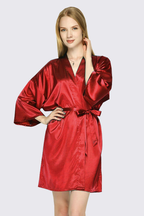 Black Kimono Satin Robe Short Length For Women