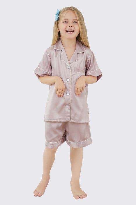 Light Pink Satin Pajama Set For Kid Short Length