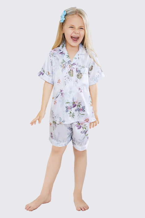 Kid Floral White Satin Pajama Set Short Length