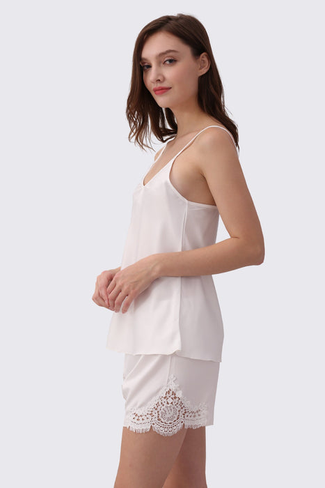 White Sleeveless Shorts Set Satin Sleepwear For Women