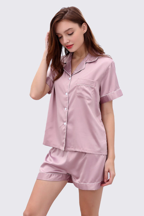 Rose Gold Women Short Satin Solid Pajama Set With Shorts