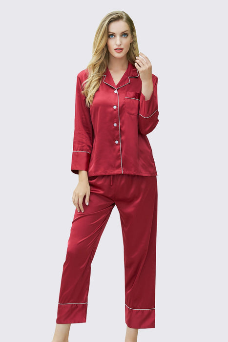 Champagne Long Sleeves Pajama Set With Long Pants Satin Pyjama