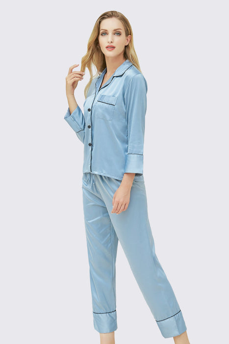 Champagne Long Sleeves Pajama Set With Long Pants Satin Pyjama